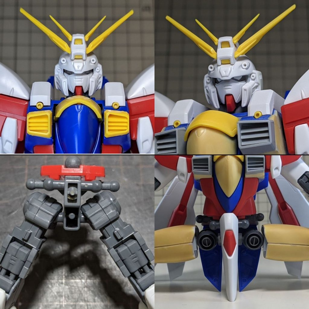 改修前(左)改修後(右) 重点的に手を加えたのが顔と股関節です。顔の改修点は顎のライン、デュアルアイ、顔側面に若干のボリュームアップ、こめかみ部分の幅増しといったところです。股関節については、試行錯誤を繰り返した末にほぼ180度開脚が可能となりました。