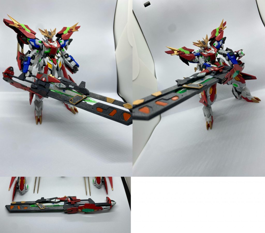 GNライザーメイス。太陽炉を搭載した本武装を携行することで、各太陽炉装備の稼働時間は大幅に延長。四肢のコンデンサと胸部ターミナルの粒子制御によってトランザムすら可能となるが、太陽炉の搭載位置があまりにもアンバランスで不安定なため、実際のトランザム発動時間はほぼ「刹那」に限定される。サンライトアームズによる機動力効果の恩恵を受けつつ、ライザーメイスの質量で並み居る敵を叩き潰すのが本形態の戦闘スタイルである。ギリギリ保持できていますが、いくらなんでもでかすぎた。