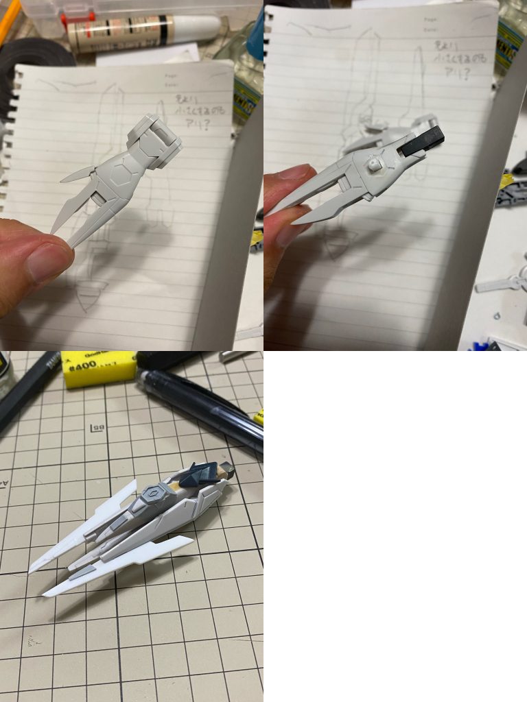 尻尾テイルブレードとは別の尻尾を作るにあたり、アスタロトのサイドバーニアがそれらしく差別化できそうな形だったので採用。テイルブレードの基部を埋め込んでからエポパテで覆い、左右からダブルリベイクの手甲でさらに覆ってそれらしい形に。ライザーメイスとのコネクタ部分はビルダーズパーツのMSディテールから砲口部分を持ってきました。