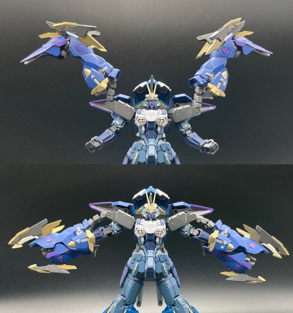 で、アスクレプオスのギミックと言えば変形なのですが、これがまたなかなかに凝った作りをしてまして、ちゃんと腕に追従してくれるようにアームが動かせるのは凄いと思いました💦