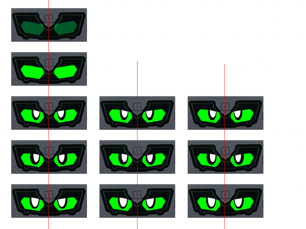 お目目は3パターン作っています。採用したのは上から四番目。出力の時に色変わるのがほんとに大変です。Photoshopで編集して、コピー用紙に印刷、セロテープで保護して裏に両面テープを仕込むという毎度のことながらハイテクなんだか、アナログなんだか分からない方法で作っております。