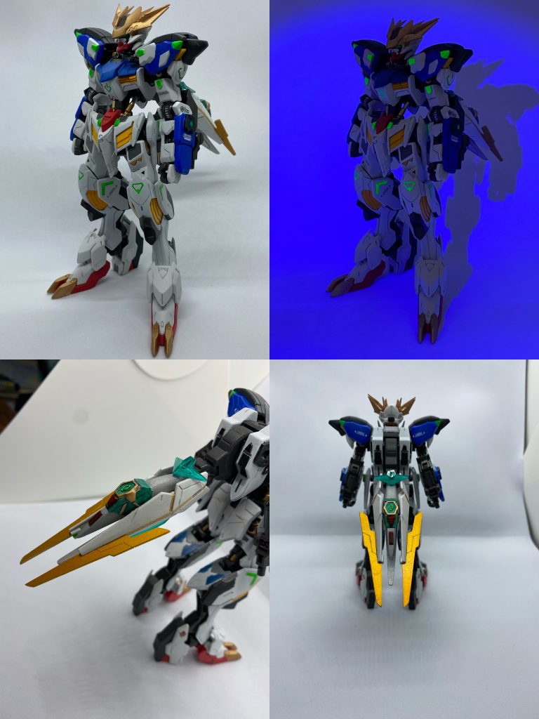 バルバトス各種とバエルをメインに、鷲尾氏初期デザインの「青いバルバトス」のイメージに寄せてミキシングビルドしました。両腕の機関砲部と両膝にそれぞれアーマー装着用のコネクタを増設しています。背面部にはテイルブレードに代えて阿頼耶識エクステンドデバイスを装備。コネクタで直結することによって、阿頼耶識システムによる体感的制御をガンダム・フレームの外部に拡張するという設定です。