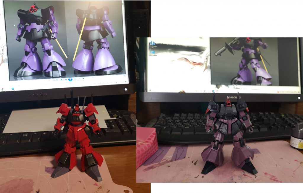 塗装前と塗装中。この後、影塗に挑戦肩のサイドアーマーはドムの装甲裏の赤を参考に。見えないけれど足や腰、肩の装甲裏も赤く塗ってあります。クワトロ専用カラーもいいけどドムカラーもカッコイイですね。