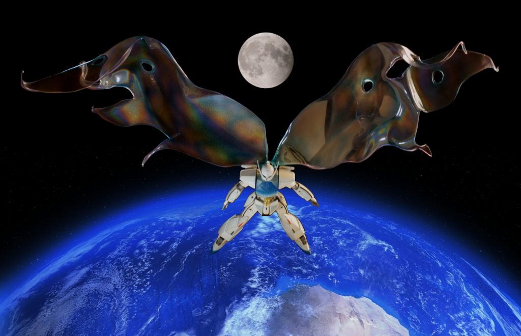 月光蝶エフェクトを差し込んで撮影した後、地球や月の写真を組み合わせてイメージ写真作って遊んでました。そのうちの1枚がこちら。月は自分で撮ったものですが、地球はフリー素材をお借りしました。