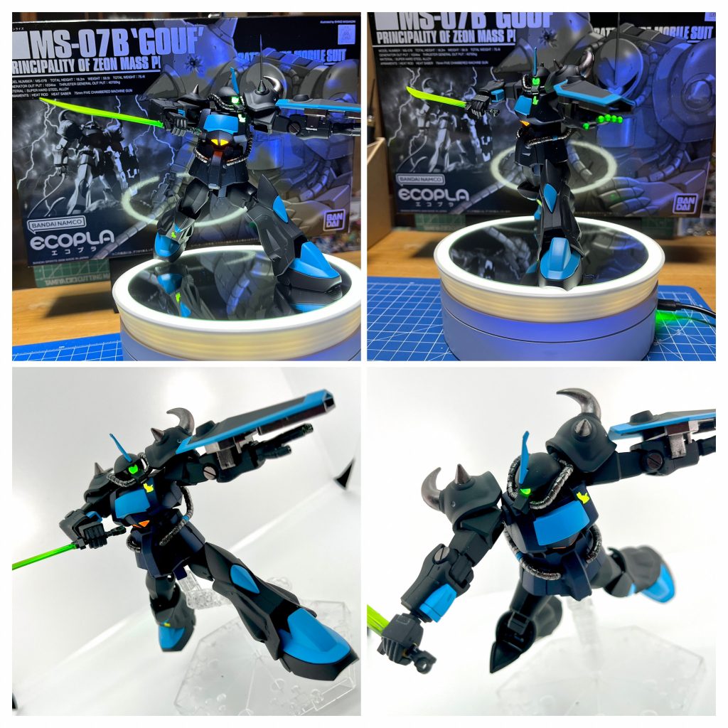 ターンテーブルとブース撮影です。股関節に3mm穴を開けたので、ベースも問題なく使えます。腰の捻りがないにも関わらずこの躍動感は素晴らしいですね…これで価格は¥838(税込)っていうから、さすがですわバンダイさん…今ならHG196のリバイブ版が出てるのでそっちで良いじゃん…と思ってしまいますが、敢えてこちらを使って良かったなと思います^_^b