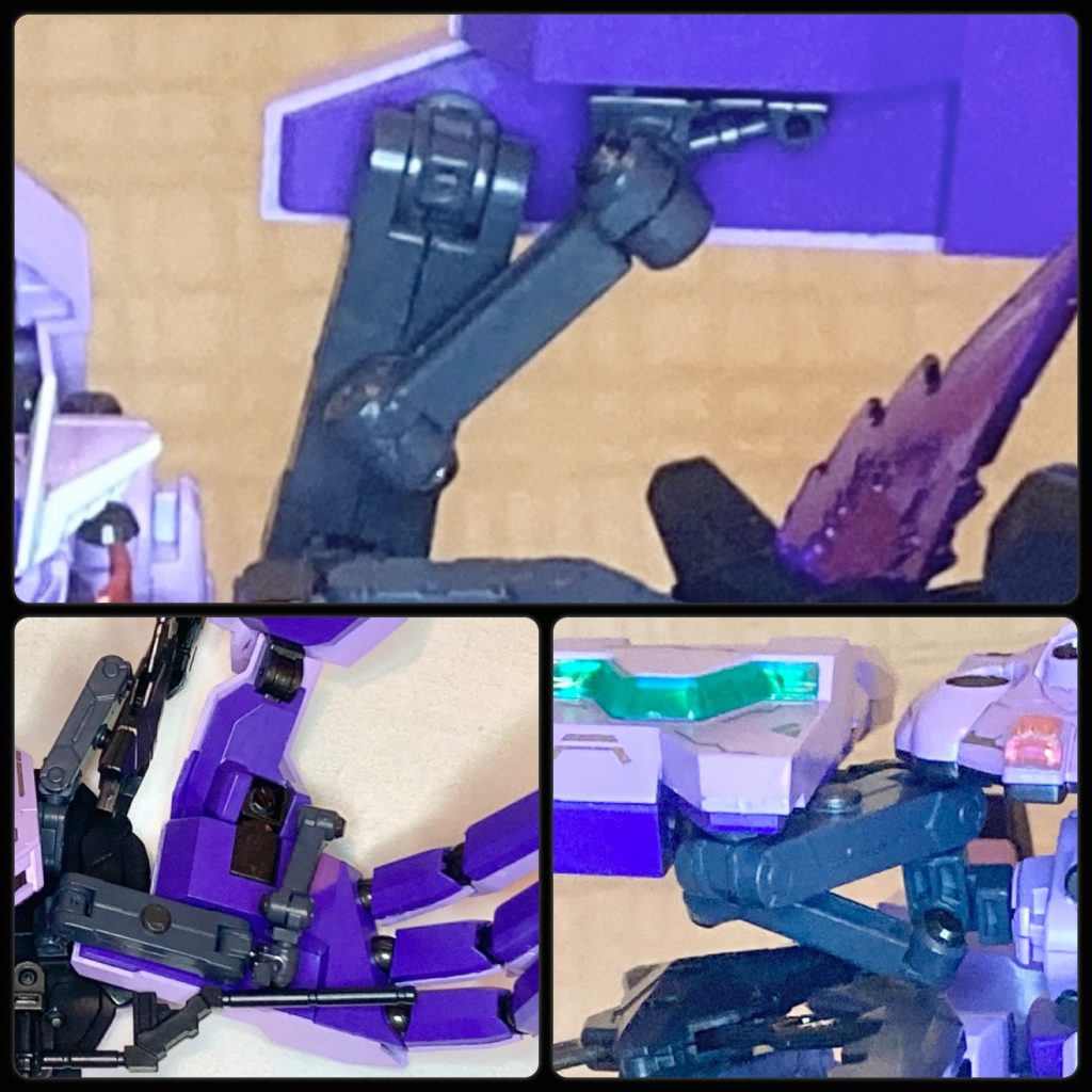 バックパックは重いジャイオーンのアームユニットを支えられる強度と、且つ各種変形も出来るようにフレーム接続方法を変更。アームユニット展開中は3㎜接続穴だけでは支えられてない重さであるため、差し替えでMSGの接続パーツなどを支柱として使ってます。蟹モードではアームユニットが動かないよう固定するロック機構になります。このパーツを組み換えれば、MA形態の保持力を高めて甲羅を挟むのに適した位置になったり、蟹モード時のスタイルにもフィットさせる絶妙なバランスを生み出してくれます。