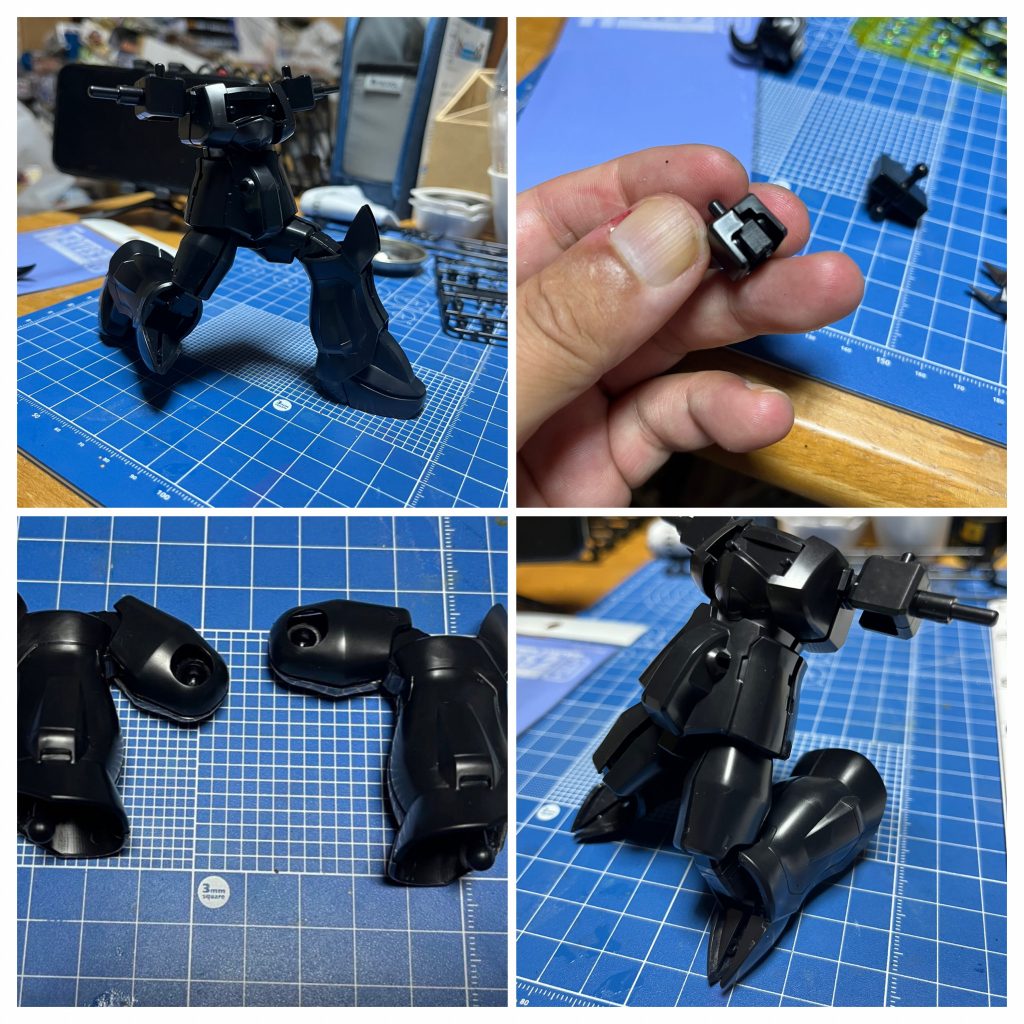 肩/膝は干渉部をカット、股関節は元々引き出し可能になっていてスカートが上がらなくても足を振り上げられるようになってました。ザクとは違う…^_^;小加工ですが、現行のHGと比べても見劣りしない可動になりました…発売時期を考えると驚異的だと思います*\(^o^)/*