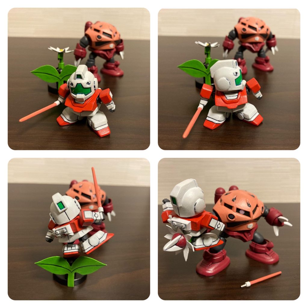 ズゴックは足の延伸など、ミニジムは頭手足を切り離しダイソーで買ったミニブロックのボールジョイントを流用し可動するようにしました。