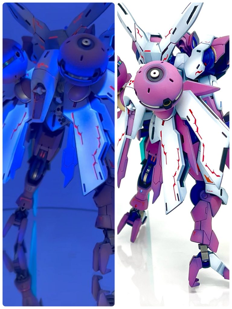 蛍光デカールをアクセントに素体のスタイルが良いので基本工作をしっかりと面出し彫り直しを丁寧にしました改修は背中のハネ増やしたくらいです
