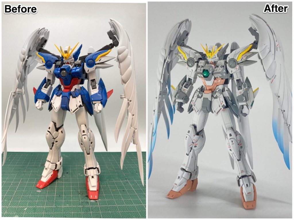まずはじめにウイングガンダムゼロEWのビフォーアフターです！左側が改修後、右側が完成後になります。