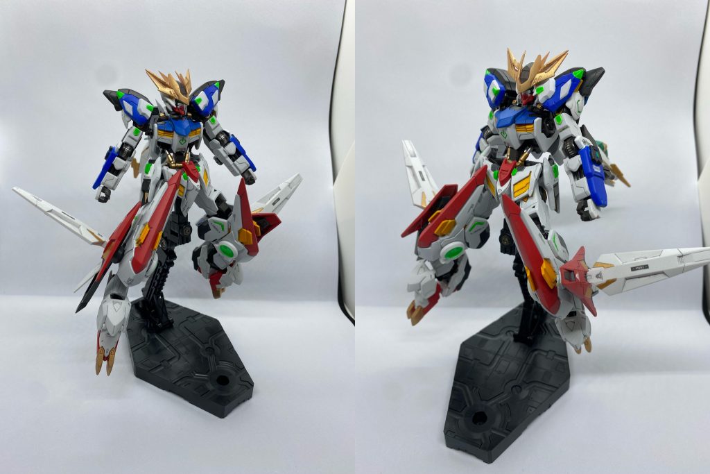 同じく脚部高機動ユニット。加速によってメイスのフルスイング並みの威力となった蹴りをブン回して戦います。腕部もですがコンデンサの貯蔵粒子だけが頼りのため、粒子切れの際には使い捨てる形です。贅沢だけどそういう割り切った使い方は三日月やバルバトスらしいかも。