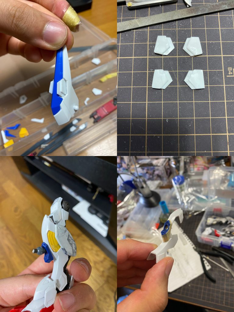 高機動ユニットトランザムブースターの上翼を一部くり抜いて、プラ板を重ねて作った放熱版風のディテールパーツを接着。MGを参考にプラ板を貼ってディテールアップした上で、丸軸の片方にはダイバーエースユニットのスラスターパーツを配置。もう片方は軸を切り落として上からエクシアふくらはぎ部のGNコンデンサを接着しています。脚部の改造高機動ユニット外装をバルバトスの膝に仮付けしていい感じの部分に3ミリ穴を開口、そこにワセリンを塗ってバルバトス第四形態肘部分の青パーツを薄く削り込んだものとエポパテを押し付け、離型後に膝部の形状に合わせて整形したものを接着。再度ドリルで穴を整え、合体用のダボ穴としています。