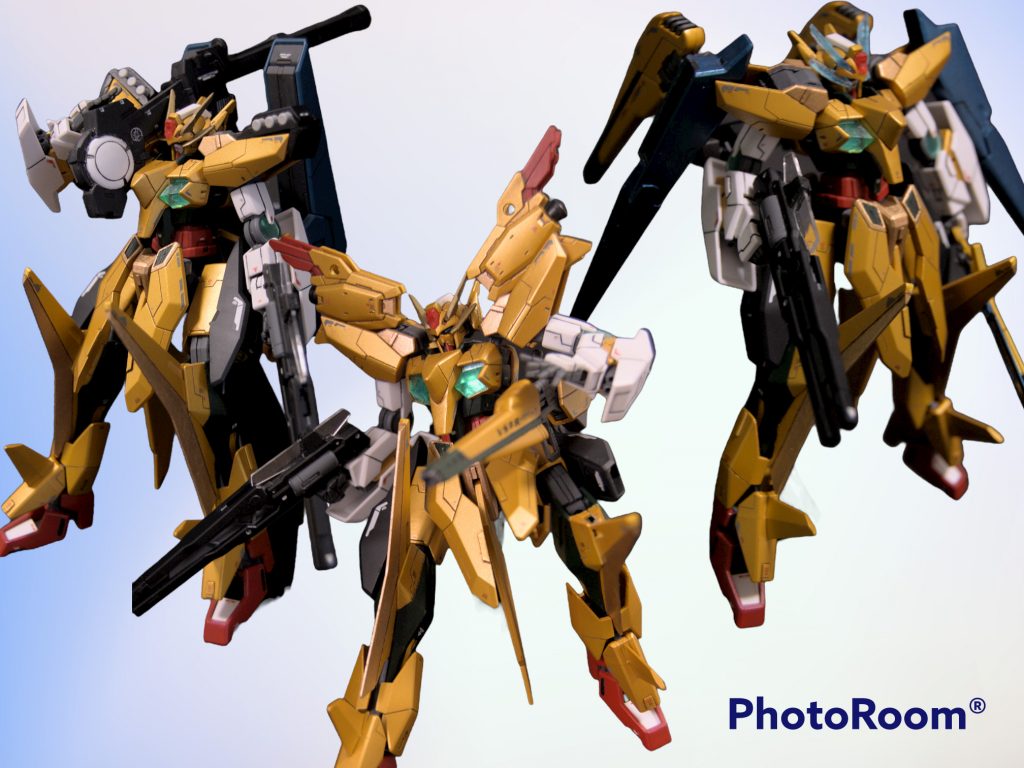 　3形態まとめてみました。右は元のアリオスほぼそのままの形態で、キャプテンネオを意識して元々つくろうと思ってたやつですね。アリオスベースにする意義を重視するならこの形態をもっと拡げてもよかったかもしれません。真ん中は高機動形態みたいな感じですかね。f91のマスクをレジンで複製してフェイスオープン版もつくりましたが、通常フェイスのが気に入っちゃったのであんまり出番はありません。。。