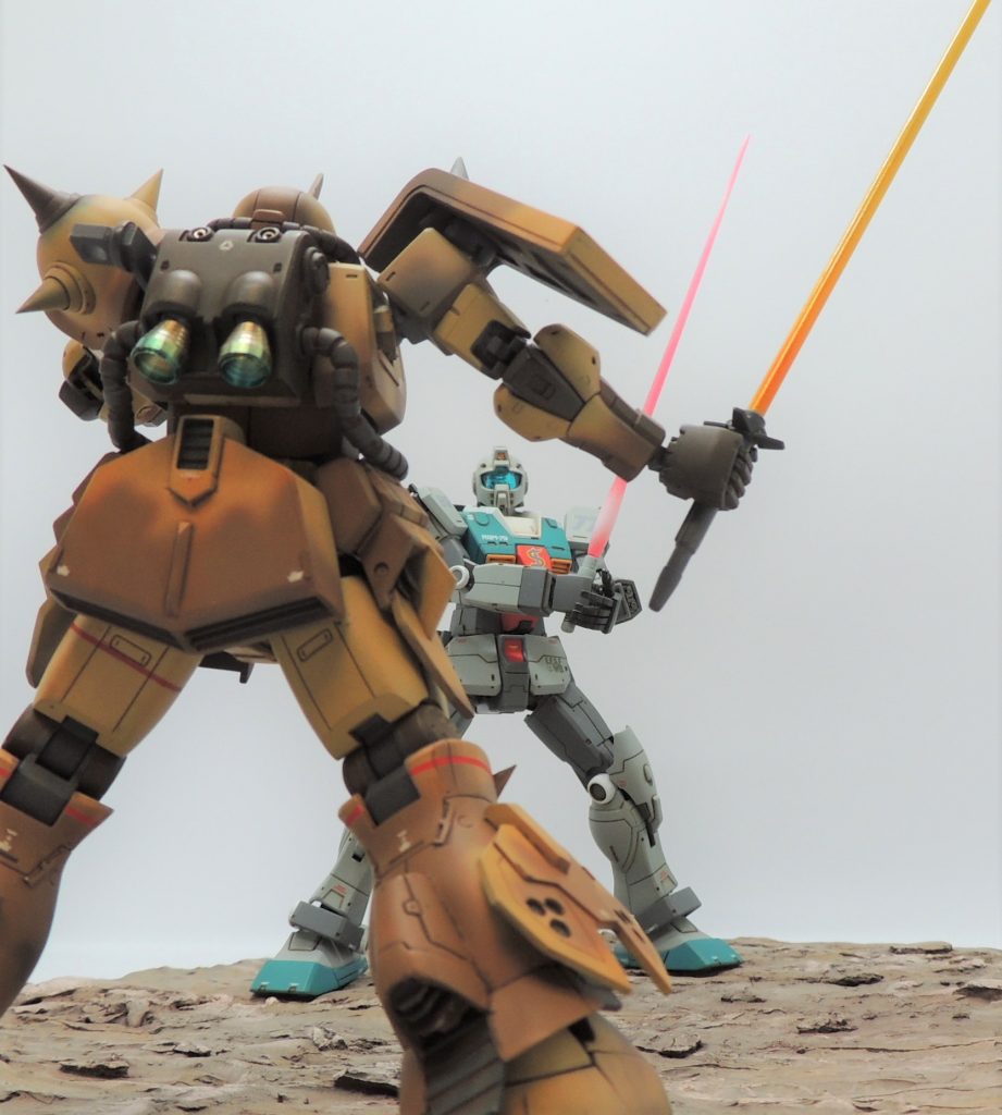 劇中では実現しなかった、幻の地上用高機動型ザク(エグバ機)との格闘シーン。