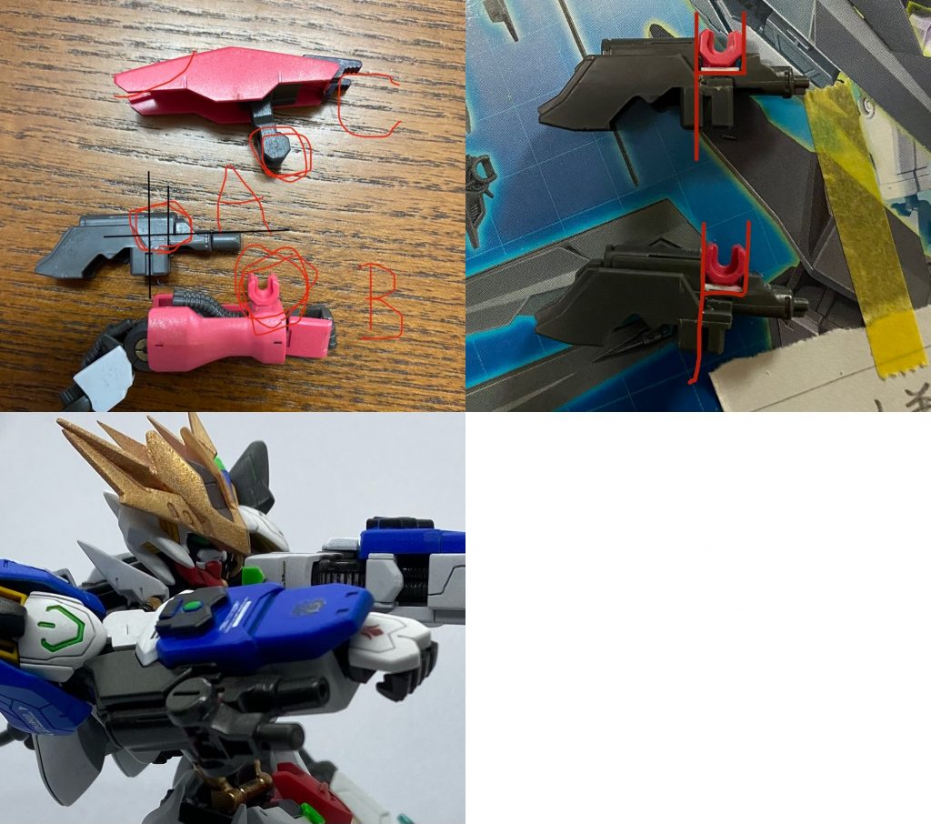 改造ポイントと反省会こだわった部分だけに絞って手短にお送りします。腕部の改造「バルバトスにフラウロスの手甲を移植したら強そうだな〜」と思いつき、ジョイント部(写真1枚目B)ごと移植することに。機関砲を縦半分にノコでぶった切ってから更にL字に切り込み再接着。プラ板でフタをして、更に上からジョイント部を接着しました。写真1枚目Cのパーツをそのまま接続するとちょっとオモチャ感が出てしまったので、左右にディテールパーツを接着。「機関砲の一部でガシャコンと動かせるハンドル」的にアレンジしました(写真3枚目)
