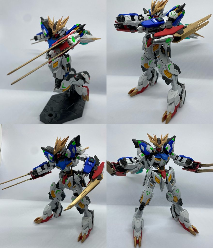 合体装備サンライトアームズのひとつ、GNクローソード↔︎GNバルカン・大型クラビカルアンテナです。GNコンデンサの貯蔵粒子によって稼働するGNソードの亜種。接続部で転回することでGNバルカンとしての使用も可能で、その際にはソードが粒子制御アンテナへとその機能を切り替えるという設定。