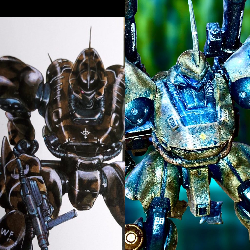 因みに参考にした原画がコレ。似てますかね？ベースが青みが強かったので、青っぽい色にはなりましたがね。ウェザリングマスターは迷彩の手書きにも使える発見があった機体でした。