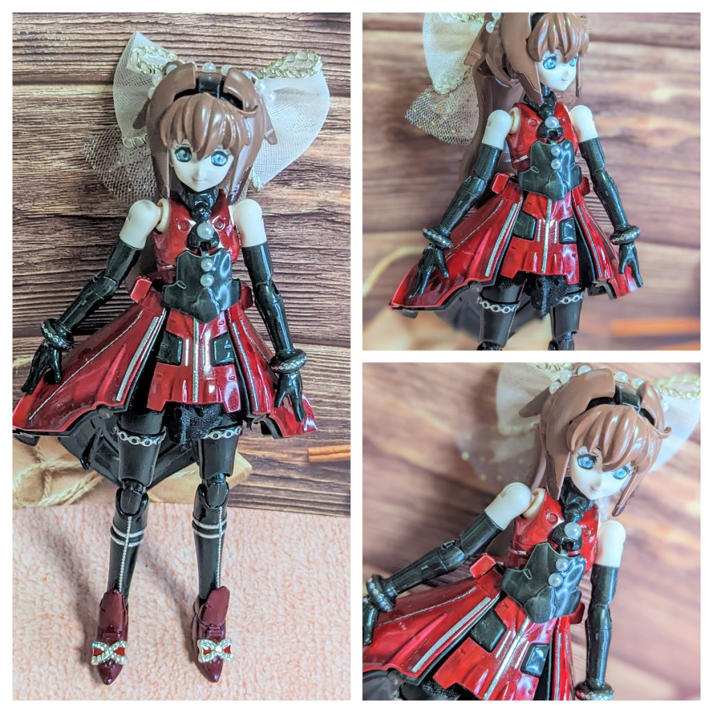 正面はこんな感じです。全体的なカラーはスカーレット&ブラッグで靴はワイレンッドにしてみました。刺し色でシルバーのラインとパール系ラインストーンを使っています。ポニテのリボンは白にしてみましたが…ここも赤か黒にすべきだったのではないかと思うところもあります(笑)