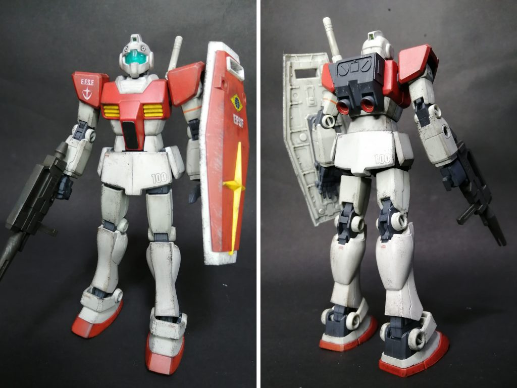 ジムⅠ。一年戦争の主力機。UC0088ではジムⅡが主力機になり極少数残存するのみ。哨戒艦トネ搭載機は外見はジムと変わらないが、訓練機としてリニアシート採用や出力を若干上げているという設定です。本体リバイブガンダム、頭寒冷ジム、腰アーマーは斬ったり削ったりジムから、ミキシングしてます。