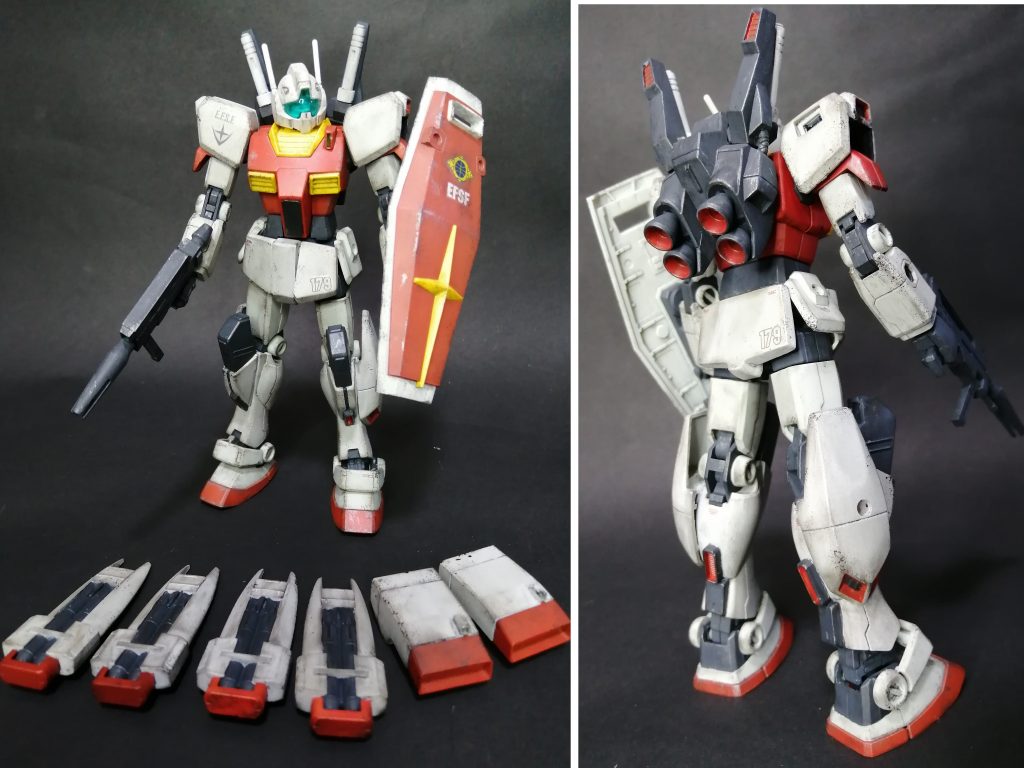 ジムⅢ。ジムⅡの発展機。ムーバルフレーム化を始め高性能化した機体。進化を続けるこの世代の敵機体とも充分戦える。対艦ミサイルや肩部ミサイルポッドなど武装も豊富。本体リバイブガンダム、頭と肩、バックパックと膝はジムⅢのミキシング。腰アーマーはジムⅡと一緒で斬ったり削ったり加工してます。対艦ミサイルは４基、腰にも設置できますが、腕や脛に取り付けられるように穴を設置してあります。ビームサーベルもＭＫⅡからジムのものになってます。カラーリングは連邦軍らしく赤に塗装してあります。最後までご覧いただきありがとうございました。