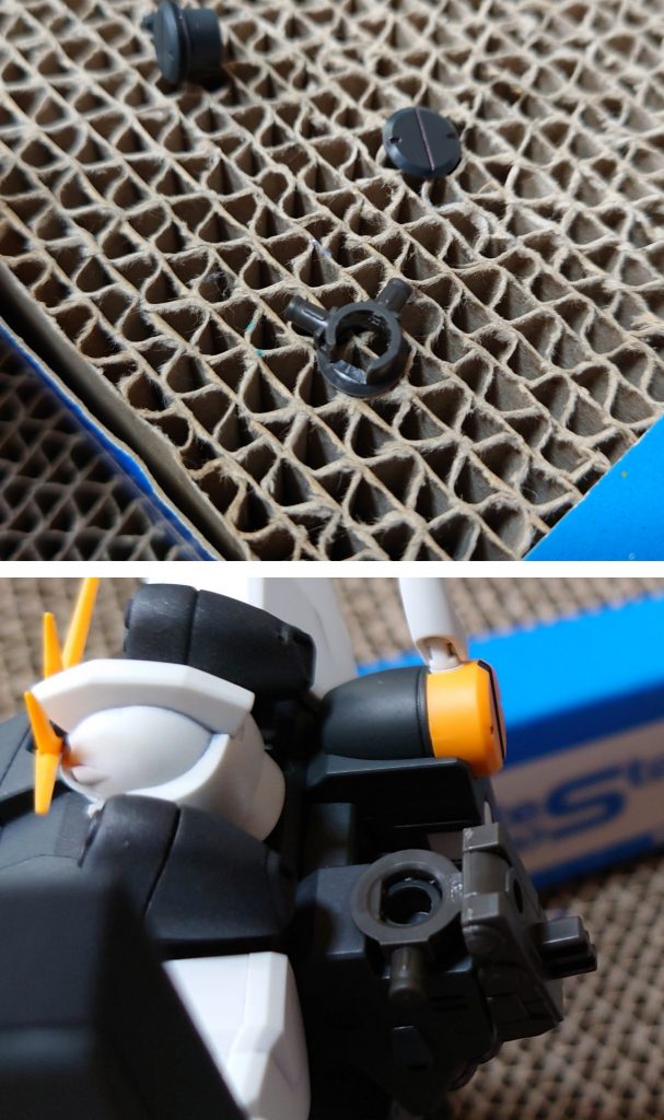 接続方法はEG側の接続パーツを少々切り欠くのみで、HGUC側のバックパックは加工不要です。あとはHGUCで余る蓋のパーツを接着するのみ。