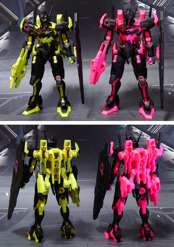 2体並んで前後ろ。■塗装レシピ黒:黒サフ→つや消しピンク:蛍光ピンクイエロー:グレーサフ→ベースホワイト→蛍光イエロー手首黒:黒サフ→つや消し手首ピンク:白サフ→ベースホワイト→蛍光ピンク手首イエロー:イエローと同じ胸部金属パーツ(緑):メタルプライマー→蛍光グリーン胸部金属パーツ(青):メタルプライマー→クリアブルービームサーベル刃エフェクト(ピンク):根本側にベースホワイト→先端側にメタリックレッド→全体に蛍光ピンクビームサーベル刃エフェクト(黄):根元側にベースホワイト→先端側にクリアイエロー→蛍光イエローその他部分塗装、墨入れ:ガンダムマーカー各種、及びキット付属シールを使用