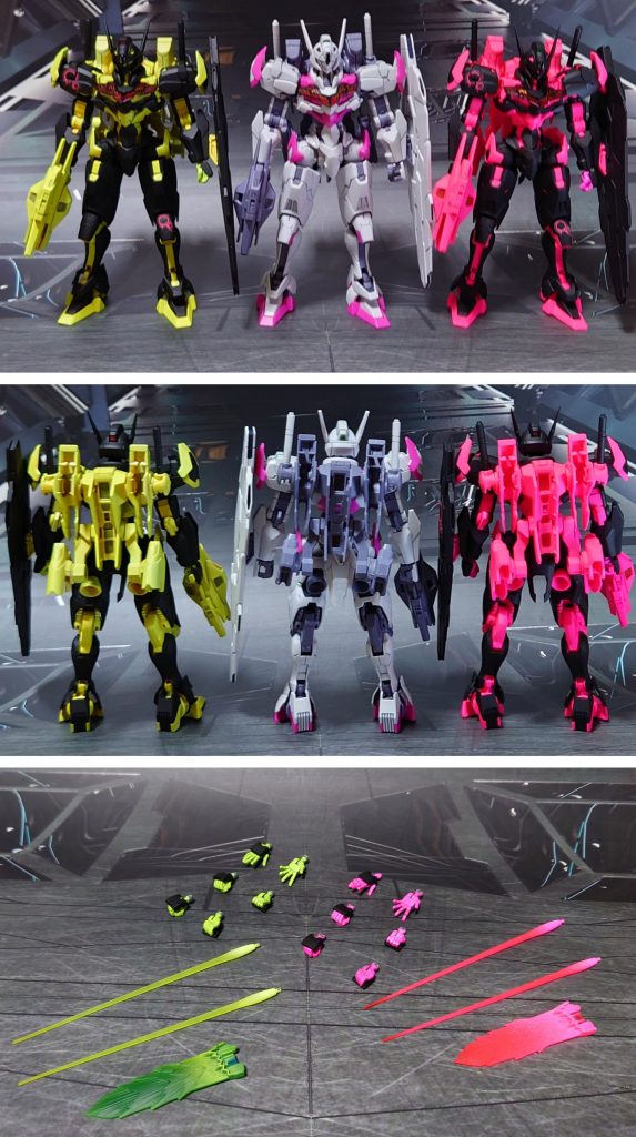 一般販売のガンダムルブリスとの比較と、ビット以外の付属品一式。手首は公式宣材写真にあった握り手が付属しないため、丸ごとビルドハンズ(角)Sサイズに置き換えました。