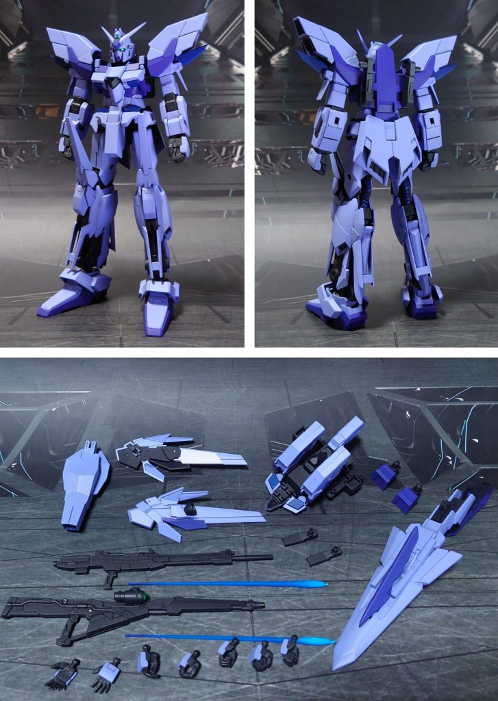 シールド、ウイングバインダーを外した前後ろと、付属品一式。今回は肉抜き穴埋めせず、各所を削って尖らせるのと、金属パーツの埋め込みでディティールアップ実施。不足している手首(左右平手、左武器持ち手)と長いビームサーベル刃を用意しました。