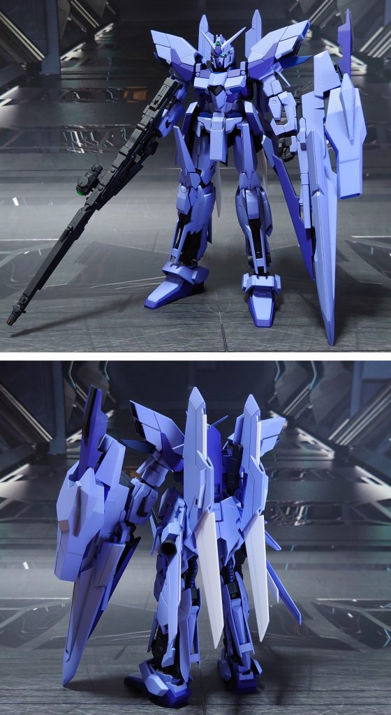 ガンダムデルタカイロスの基本装備で前後ろ。■塗装レシピ薄い紫:黒サフ→ラベンダー→つや消し濃い紫:黒サフ→パープル→つや消し青:黒サフ→コバルトブルー→つや消し黒:黒サフ→MSグレー連邦系→つや消しビームサーベル刃エフェクト(クリアブルー成型のものを使用):根本側にMSホワイト→先端側にメタリックブルー→全体に蛍光ブルーその他部分塗装、墨入れ:ガンダムマーカー各種、及びキット付属シールを使用