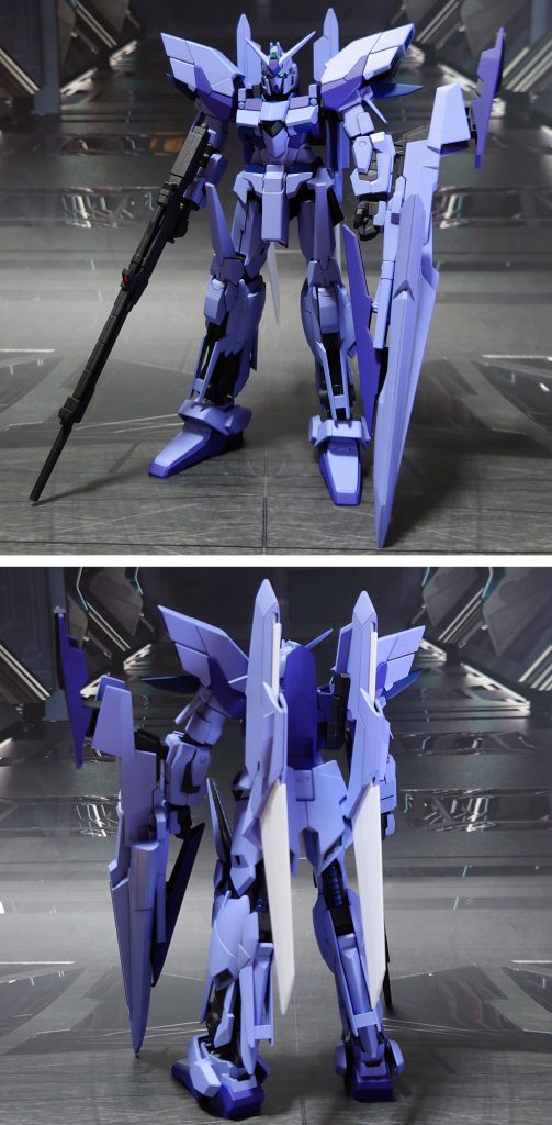 大気圏内仕様風で前後ろ。余剰パーツに入っているデルタプラス用のビームライフルを使用。腰サイドのバインダーと、シールドのハイメガキャノンを取り外します。