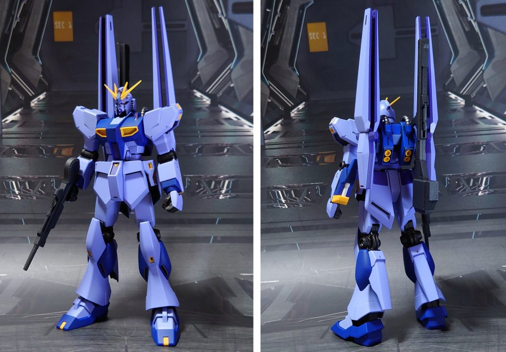 νガンダムpffの前後ろ。手首は次元ビルドナックルズ(角)Lサイズに置き換え。■塗装レシピ・νガンダムpff本体、プロトフィン・ファンネル薄紫:黒サフ→ラベンダー→つや消し濃紫:黒サフ→パープル→つや消し青:コバルトブルー→つや消し関節等黒:黒サフ→黒鉄色→つや消し・バックパック青:黒サフ→コバルトブルー→つや消し白:黒サフ→シルバーリーフ→MSホワイト→つや消し銀:黒サフ→シャインシルバー→つや消し黄:白サフ→黄橙色→つや消し黒:黒サフ→黒鉄色→つや消しポリキャップ:PPプライマー→黒鉄色→つや消し・武器類ビームライフル、クレイバズーカ:黒サフ→MS連邦グレー→つや消しビームサーベルグリップ:白サフ→MSホワイト→つや消しビーム刃エフェクト:根本側にMSホワイト→先端側にメタリックレッド→全体に蛍光ピンク・その他部分塗装、墨入れ:ガンダムマーカー各種センサー類:市販シール素材(トップコート後に貼り付け)