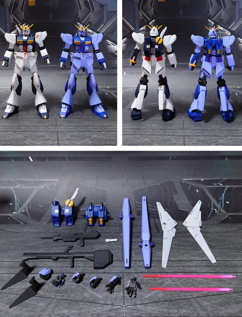 ロンド・ベルカラーとの比較と、付属品一式。手持ち武器とバックパックはHGUC百式(REVIVE)から流用。プロト・フィン・ファンネルはHGUCガンダムデルタカイ、ビームサーベルはHGUCジェガンから流用しています。