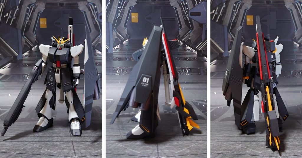 νガンダムHWS+LFF装備型の前横後ろ。■塗装工程LFF黒:黒サフ→MSグレー連邦系→つや消しその他部分塗装、墨入れ:ガンダムマーカー各種→つや消し