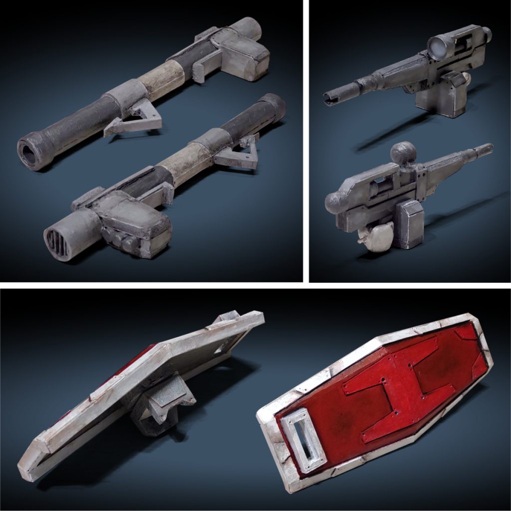 装備一式装備製作はたのしいですねぇ。先走って作ったのはパーフェクトガンダムのオプションランドセル(プラモ狂四郎呼称)でした。今回はビームライフルのフォアグリップを外してバッテリーボックス風(核融合炉搭載!笑)に変更。アムロも弾切れの心配はないでしょう。バズーカは工作用紙を巻いてるのでパーツイチ重量があります。シールドはパーフェクトガンダムに向けて狂四郎デカールが貼れるスペースをしっかり確保。