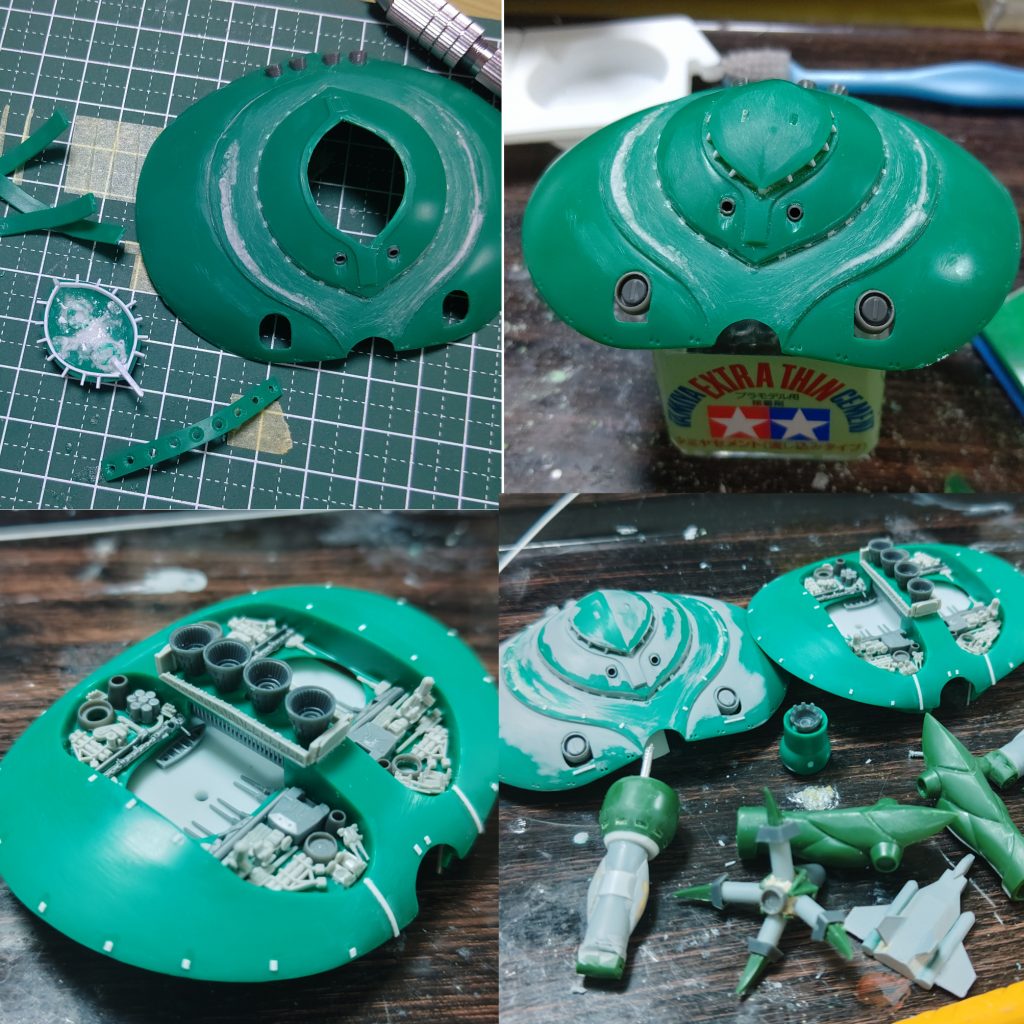 主な工作箇所です。頭頂部（？）を一旦切り離し、支柱をプラ板で作成。イカのヒレみたいな羽根を切りとばし、代わりに航空機尾翼パーツを取り付け。（もうちょっと小さくてもよかったかな）太股を細くしたかったので、プラパイプから作成。予備で付いてる爪を利用して、足は４本指に。各部のディテールアップ。小火器セット、ウォーターライン、お助けパーツ、プラ板など使用。小ビームは全て穴を開けて、お助けパーツを埋め込みました。殆ど見えませんけどね。