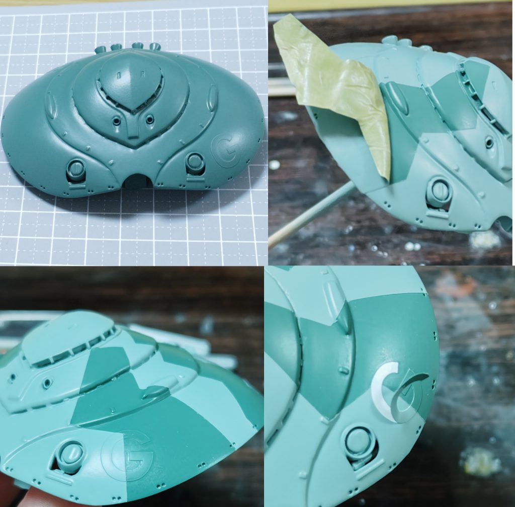 スプリッター迷彩とＧのマーキングは、もちろんセンチネル0079のオマージュです。スプリッター迷彩なら缶スプレーでも出来ることに気がつきトライしました。塗料の段差がしっかり出ましたけど、気にしない気にしない。マーキングは、当初はステッカーをマスキングテープに貼り付けて切り出して使おうと思ったのですが、ステッカーの粘着力が弱そうだったので、一旦プラ板に貼って粘着力を更に弱めてから、そのままマスキング用に貼り付けました。