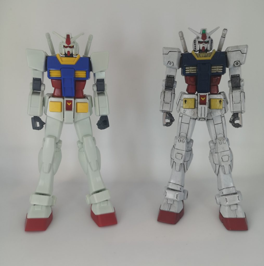 やってみたかった、ビフォーアフター今回の反省点はスジボリがガタガタになってしまった。墨入れを水性塗料でやったばかりにキレイに拭き取れず、汚しではなく汚れてしまった。同じ理由で首元がガンダムマーカーの上を水性薄め液で拭いたので塗装が落ちてしまった。等々、次回に生かしていきたいですねあとは写真が暗いので何か工夫したいですね、背景の色を変えたり。