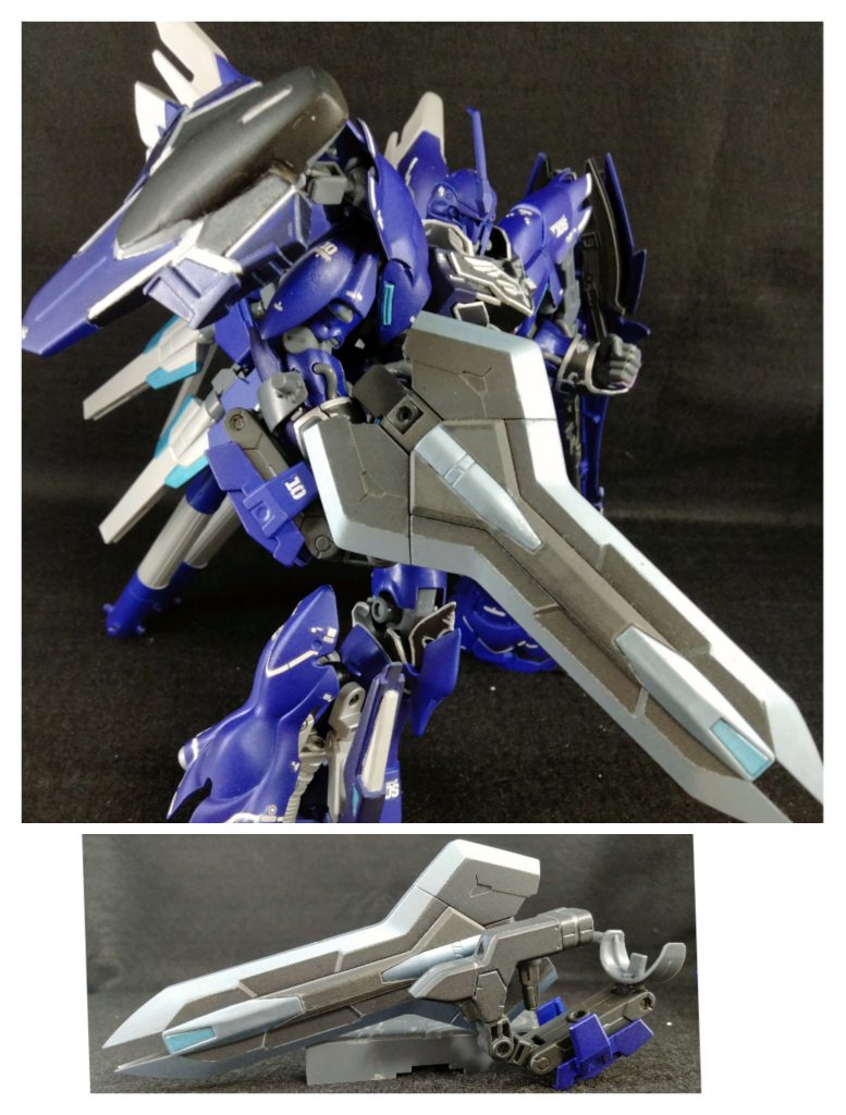 シールドのジョイントとメガスラッシュエッジのガントレットを合体し、ガッチリ右腕にセット。ブ(