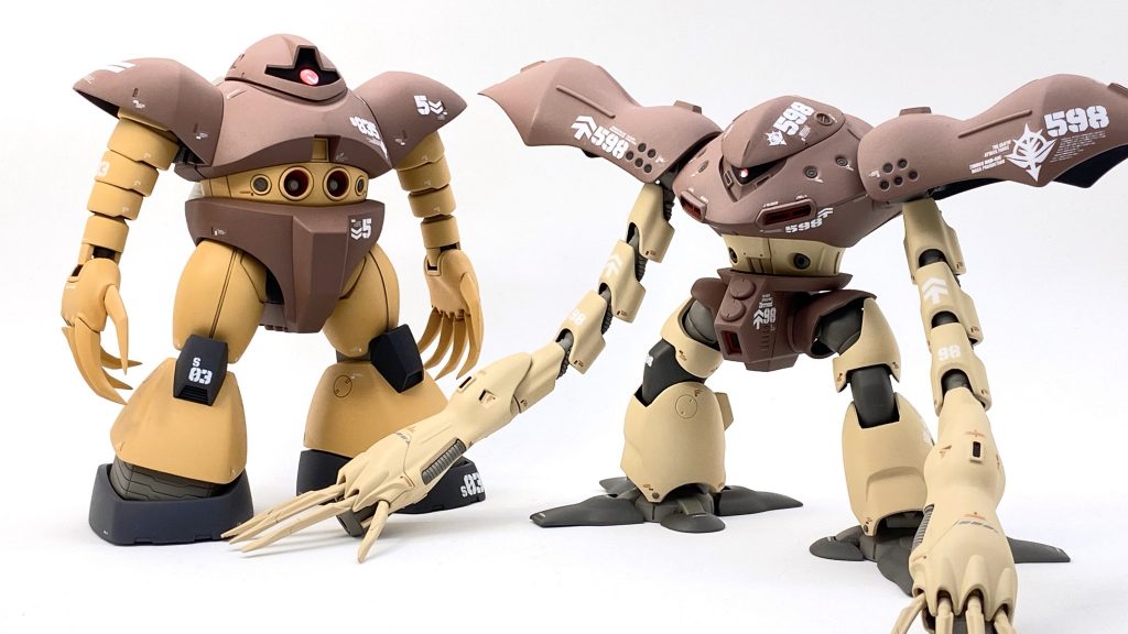 そのままゴッグカラーで塗ると鮮やかすぎておもちゃっぽさが拭えないので、グフに対するグフカスタム的に明度を上げつつ彩度を下げて、ミリタリー感を出してみました。ゴッグと対になる所の多いデザインが好きなので、脚の付け根はゴッグの腰っぽく茶色にしています(『夢のマロン社』版等とは違っちゃいましたね)。