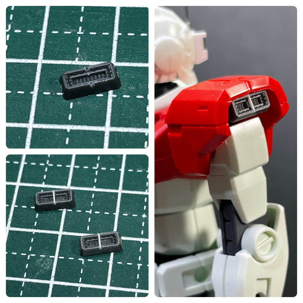 肩アーマーのスラスターは市販のパーツに切り込みを入れ、仕切りをプラ板で追加してます。