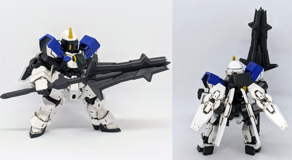 「演習や模擬戦での運用、バルバトスの整備が間に合わない場合の応急処置としてカスタムされたグレイズ、性能はバルバトスに劣るも性能は通常機より底上げされており、少数の戦力相手ならば十分に対処可能な性能に仕上がっている。」メイスを持たせる為に三日月が乗ってそうなグレイズをイメージして製作しました。