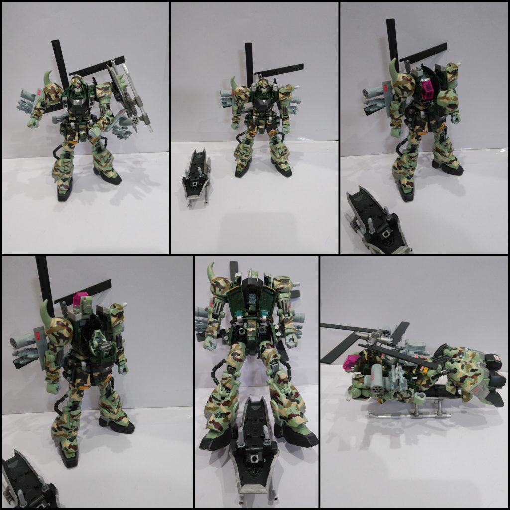 胸部からキャノピーが展開、代わりに頭部を収納。シールドのパイプは着陸脚として展開!