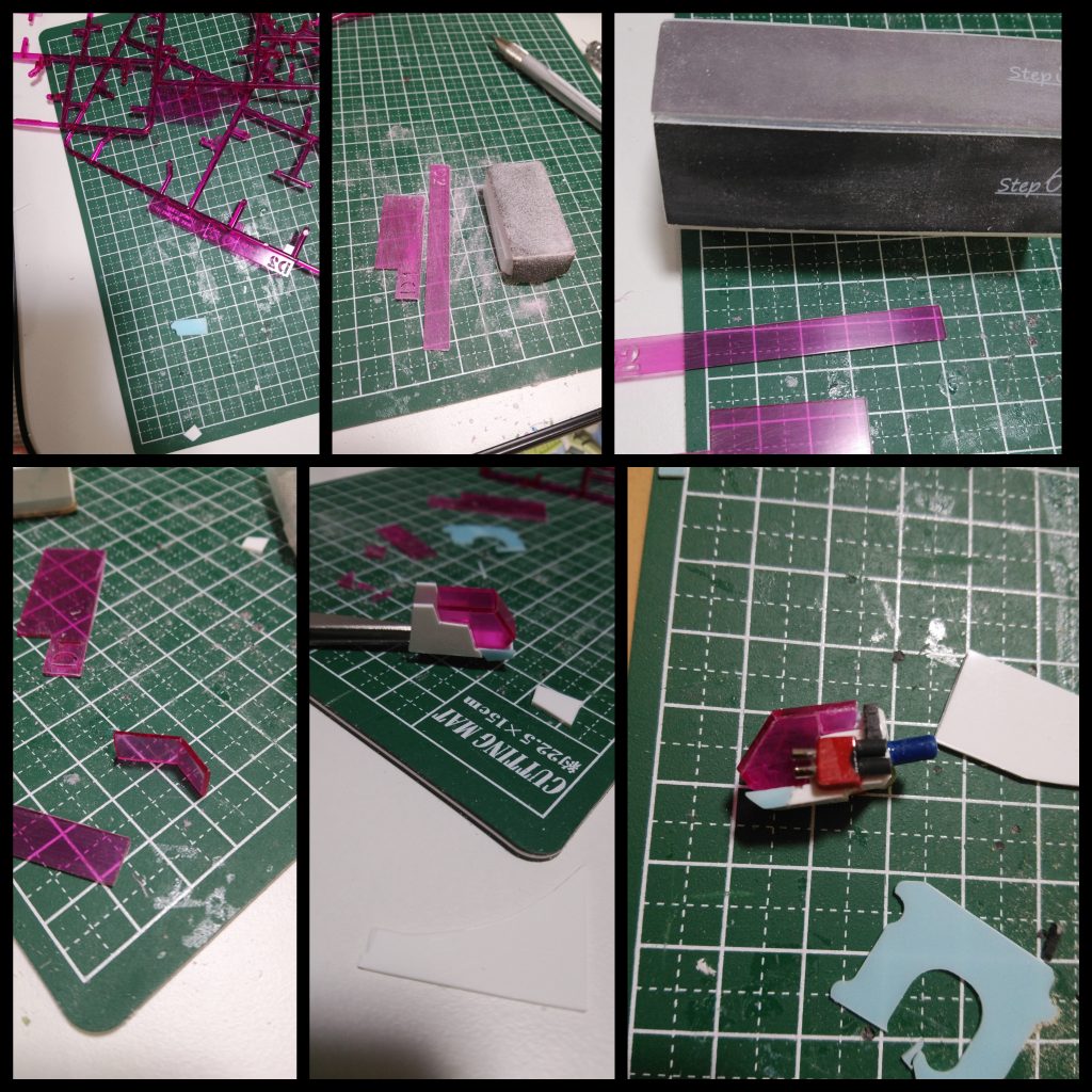 キャノピーの制作中。クリアランナーの銘板をペーパーで削って、ダイソーの6面爪磨きで仕上げてピカピカのクリアプラ板にしてます🐻デザインは共和国軍の小型ゾイドゴドスを参考にしてます。