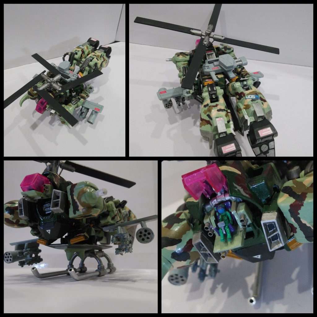 肘のミサイルを前方に向けて展開し、ローターを広げて変形完了!パイロットにはロザミアさんが搭乗😺