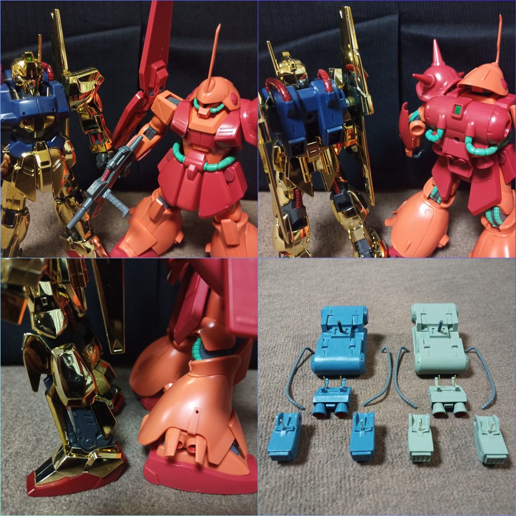 外すとこんな感じですバックパックは接続強度を考慮しABS軸で、その他は真鍮線にて接続説明書では「マラサイのバックパックを外して胴体に穴空けて軸付けて接続」と書いてあったんですがバックパック外すとかはしたくなかったのでそのまま穴空けて接続重いのでグラつかないよう穴空けた裏側はそれなりに受けを作ってます動力パイプは「市販のスプリングを使用」の指示なんですが、自分は「グフのヒートロッド」みたいなのがパイプの表現としてはお手軽で好きなのでジャンクで入手して使用…贅沢に4本使いました^^;