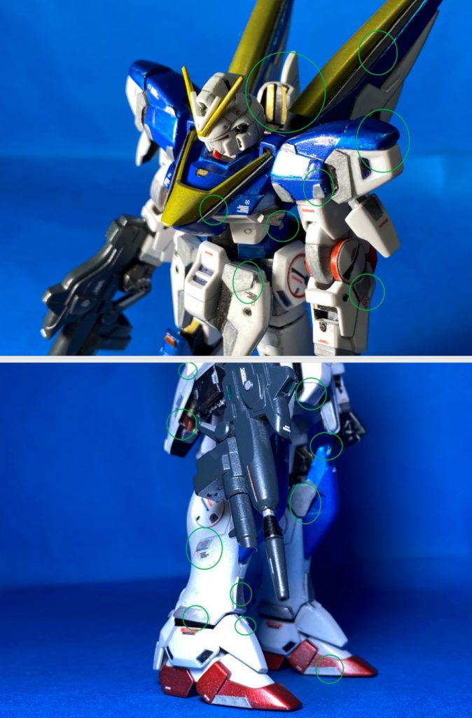 緑丸はざっくりディテール追加した箇所となります。肩パーツは筋彫り+プラ坂で加工しており、先端の盛り上がり部分はプラ板４枚を縦横に接着し挟んで曲線が出るまでヤスリがけをしました。