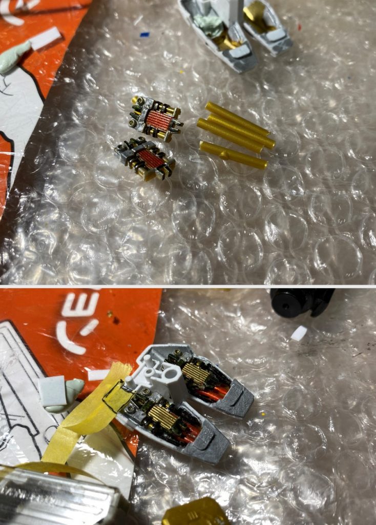 リアスカートは中身がスカスカなので、リサイクルショップで購入したRG？のジャンクパーツを加工＆塗装して詰め込んであります。個人的にこの部分が今作で一番気に入っています。