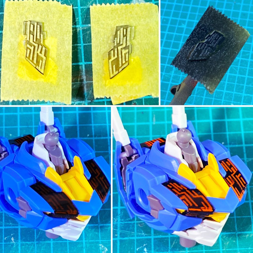 今回の難所①シェルユニット。付属シールの光り方は劇中と異なる上に非発光を表現できないので、クリアパーツの裏にチョコチョコとマスキング。黒→マスクを剥がす→蛍光レッド→黒と吹き付け、ブラックライトで発光させました。スレッタ用も同じ手法です。