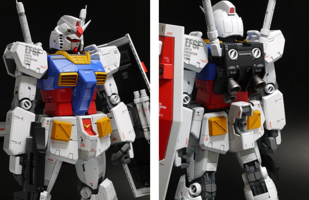 ＜頭＞・Ver. 3.0ベースでマスクはVer. Kaをシャープに削り込んで移植・頬ガードの下側をカット、正面にダクト追加・後頭部を後ろにシフトして延長・トサカの前方を削り込んで小型化、後ろには延長・おでこのひさしは尖りすぎなので丸く加工・ツインアイやカメラにはラピーテープを貼り付け＜胸＞　・ベースは3.0で鎖骨ダクトを追加　・両胸のダクトはKaを移植  　ちょっとラインが合っていませんが…＜腕＞　・肩はKaを移植　　エッジと面を出し、裏面にフタ、上面にディテールを追加　　肩パカは再現していません　・前腕は3.0を芯にして外装をセミスクラッチ　・拳は大きいので指を削り込み、甲をスクラッチ＜腰＞　・3.0ベースでスカートはすべてKaを移植　・股間ブロック側面にダクト追加　・フロントスカート2mm延長 　　正面視が台形なので、極力長方形に加工　・おしりはKaを使用　・中央のブロックだけ後方に2mmほどシフト　・バズーカとは丸棒で接続　　外装を開くと中が丸見えなので、板で目隠し　・リアスカートは固定　・各スカートの裏は塗り分けだけしています　　ディテールの作り込みはしていません＜ランドセル＞　・Kaベースに3.0のビームサーベルが入るように加工