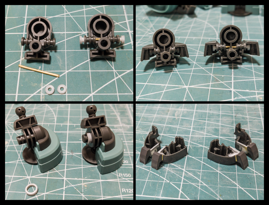 脚部のサイズに対して爪先が小さく、若干つんのめり感を感じたので大型化しています。ここは足首ごと交換したりしている方が多かったのですが、あえて元のパーツを活かして左右2パーツ分割構造とする方法をとってみました。接続軸を左右に一節分延長、中央軸にもスペーサーを挟むことで爪先のパーツ配置を外側に移動させ、結果的に踵側とほぼ同経のサイズに。分割した爪先にはHGブレイディハウンドのパーツを追加してスリットを強調してみました。